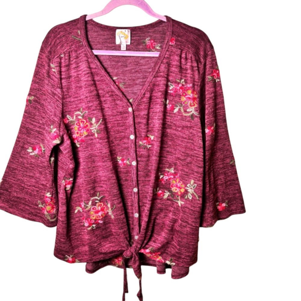 Fig and Flower 3X Button Front Top Tie‎ Bottom Floral Embroidered Bell Sleeve